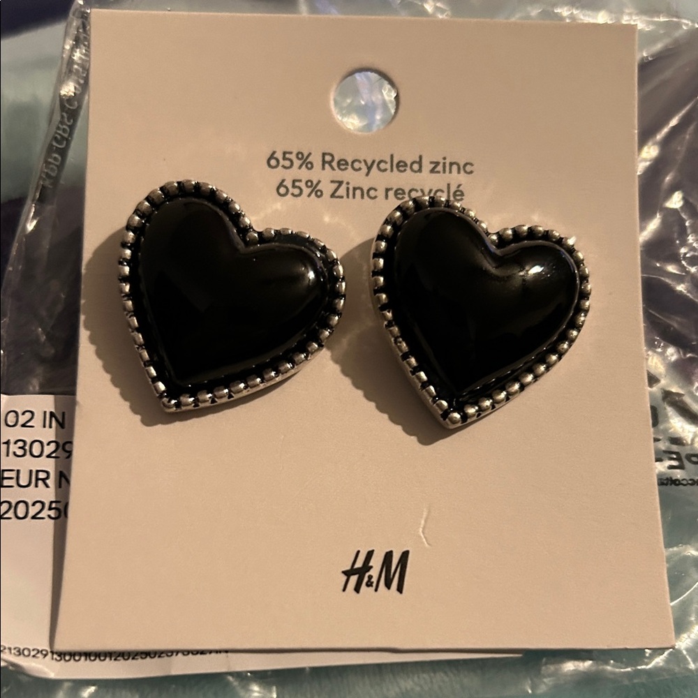 H&M Black Heart Earrings with Silver Trim